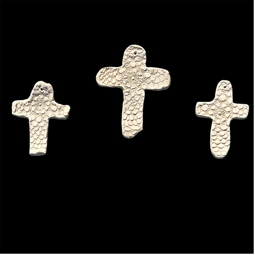 Handmade Bisque Clay Pottery Jesus Decor 3 Crosses Textured White Signed MSowell